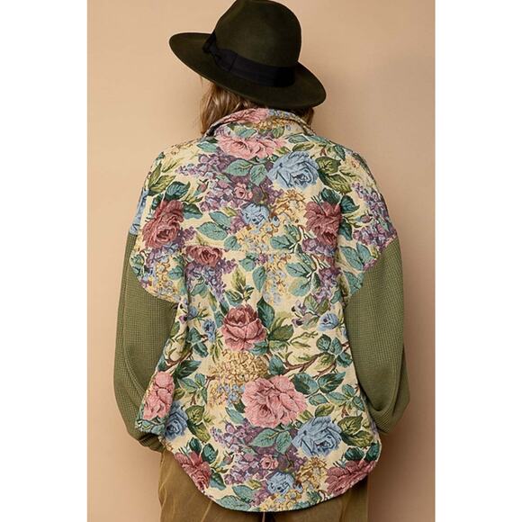 POL Cream & Olive Size Medium Button Down Floral Jacquard Shirt Jacket - Picture 4 of 5